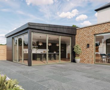 image of back of house with aluminium green doors closed