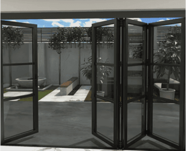 aluminium bifold doors in black on a sunny day